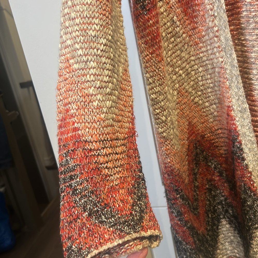 Lucky Brand Aztec Print Southwestern print Long Open Fringe Cardigan Size M - Picture 3 of 13